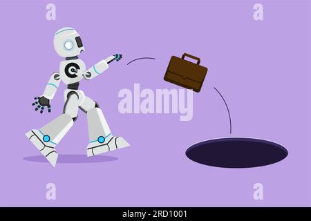 Graphic flat design drawing robot throws briefcase into hole. Failure to take advantage of business opportunities. Future technology development. Arti Stock Photo