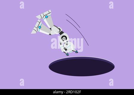 Graphic flat design drawing robot jump into hole. Depressed with tech business failure. Future technology development. Artificial intelligence and mac Stock Photo