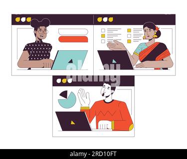 Online group meeting flat line concept vector spot illustration Stock Vector