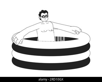 Latino sunglasses man in inflatable swimming pool monochromatic flat vector character Stock Vector