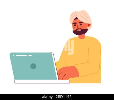 Brunette indian man with dark beard in turban semi flat color vector character Stock Vector