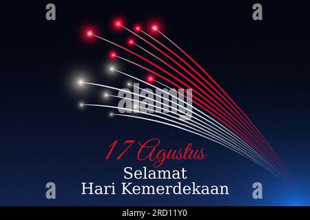 17 august, indonesia independence day, Indonesian fireworks flag on blue night sky background. Indonesia national holiday. Greeting card. Vector Stock Vector