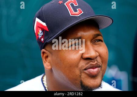 American League's José Ramírez, of the Cleveland Guardians, celebrates a  base hit during the MLB All-Star baseball game against the National League  in Seattle, Tuesday, July 11, 2023. (AP Photo/Lindsey Wasson Stock