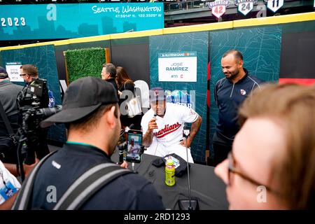 American League's José Ramírez, of the Cleveland Guardians, celebrates a  base hit during the MLB All-Star baseball game against the National League  in Seattle, Tuesday, July 11, 2023. (AP Photo/Lindsey Wasson Stock