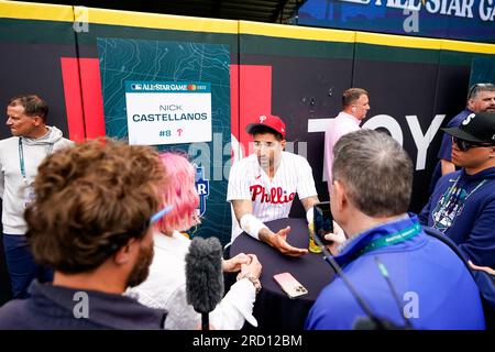 National League's Nick Castellanos, of the Philadelphia Phillies, follows  through during the MLB All-Star baseball game against the American League  in Seattle, Tuesday, July 11, 2023. (AP Photo/Lindsey Wasson Stock Photo 