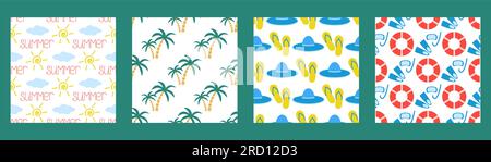 Hand drawn summer seamless pattern set. Collage of vacation, tourism and relaxation backgrounds. Exotic tropical prints, vector illustration Stock Vector