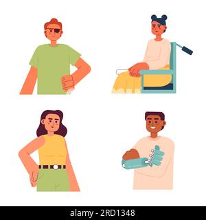 People with disability semi flat color vector characters pack Stock Vector