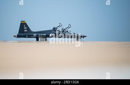 U.S. Air Force Senior Airman Kostiantyn Khymchenko, 633rd Civil Engineer Squadron heating, ventilation, air conditioning journeyman, sits in the back of a T-38 Talon after landing on the flight line at Joint Base Langley-Eustis, Virginia, June 29, 2023. Khymchenko, Air Combat Command Outstanding Airman of the Year, was surprised by his family, unit and, ACC and base leaders, when they announced him as the Air Force Outstanding Airman of the Year, honoring his achievement, performance and exceptional meritorious service. (U.S. Air Force photo by Airman 1st Class Mikaela Smith) Stock Photo