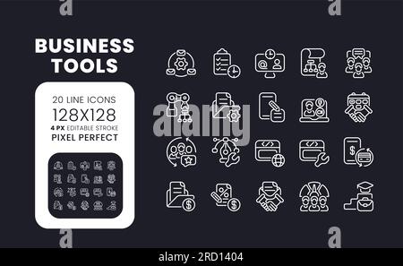 Business tools white linear desktop icons on black Stock Vector