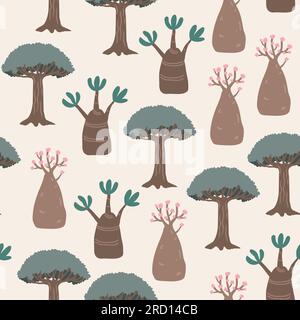 Dragon adenium obesum and blood dragon tree seamless pattern. Socotra island landscape background, vector illustration. Stock Vector