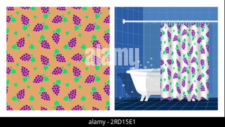 Bathroom interior with bathtub and curtain decorated seamless pattern with sketchy bunch of grapes and leaves. Vector illustration, ornament for desig Stock Vector