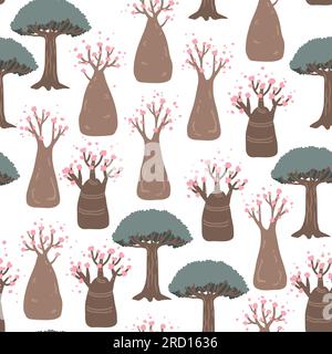 Dragon adenium obesum and blood dragon tree seamless pattern. Socotra island landscape background, vector illustration. Stock Vector