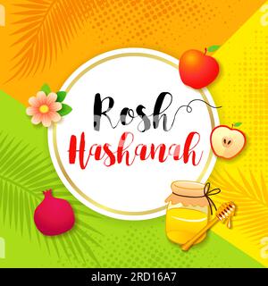 Rosh Hashanah banner with jar of honey, pomegranate, apple and palm tree leaf. Shana Tova traditional symbols vector illustration Stock Vector