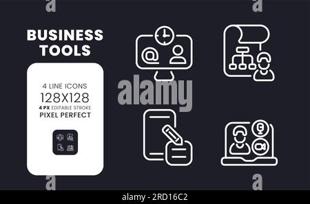 Business tools white linear desktop icons on black Stock Vector
