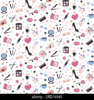 Beauty service seamless pattern. Bijouterie, cosmetics, fashion and hygiene items. Cloth, cosmetics and makeup items. Ornament for printing on fabric, Stock Vector