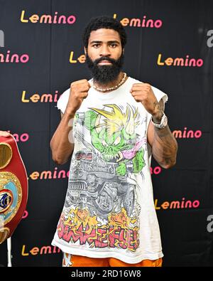 Stephen Fulton, WBC/WBO super bantamweight champion poses for a photosession during a public workout at Ohhashi Boxing Gym on July 14, 2023 in Yokohama. Kanagawa, Japan. The postponed title match between super bantamweight champion Stephen Fulton, WBC/WBO super bantamweight champion poses for a photosession during a public workout at Ohhashi Boxing Gym on July 14, 2023 in Yokohama. Kanagawa, Japan. The postponed title match between super bantamweight champion