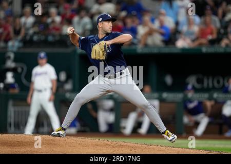 Tampa Bay Rays relief pitcher Jason Adam throws to the Texas Rangers in the  seventh inning of a baseball game, Monday, July 17, 2023, in Arlington,  Texas. (AP Photo/Tony Gutierrez Stock Photo 