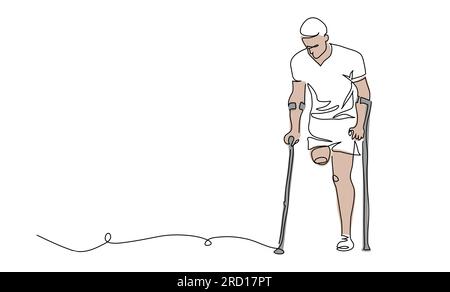 Disabled man with amputated leg, limb use crutches for support and walking. One continuous line art drawing. Simple vector illustration of disabled Stock Vector