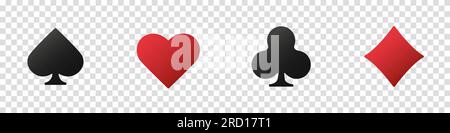 Hearts, clubs, diamonds and spades on an isolated transparent background. Set collection gambling sign symbol of playing card suits and chips for poke Stock Vector