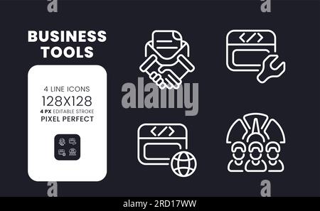 Business tools white linear desktop icons on black Stock Vector
