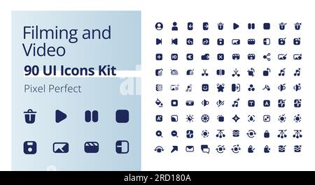 Video production black pixel perfect solid ui icons pack Stock Vector
