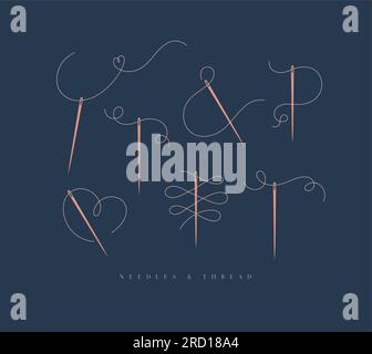 Needles and curly threads collection in different positions drawing on blue background Stock Vector