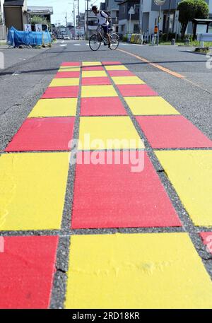 A new type of road sign is installed just this side a pedestrian ...