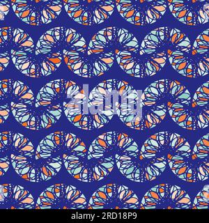 Mosaic chainlink vector pattern background. Horizontal rows of abstract interlocked style half moon shapes on cobalt blue backdrop. Parallel zig zag Stock Vector