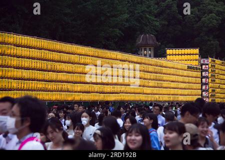 July 14, 2023, Tokyo, Japan: Mitama Festival July 13-16. Based on Obon, an ancient Japanese festival to honor the spirits of deceased ancestors. Nowadays, it has become a beloved summer festival in Tokyo. Credit: Michael Steinebach/AFLO/Alamy Live News Stock Photo