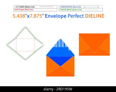 329Contour envelope 5.438x7.875 inch die line template and 3D envelope Editable easily resizeable Stock Vector