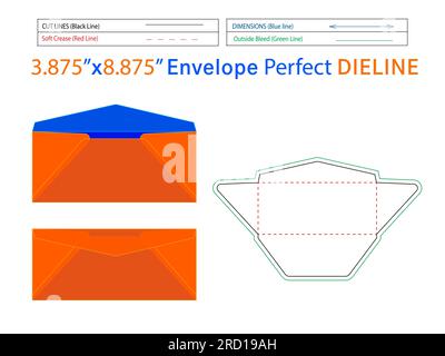3.875x8.875 inch 3D Regular Envelope die line template and editable easily resizeable Stock Vector