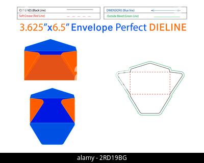 Editable easily resizeable Regular Envelope 3.625x6.5 inch die line template and 3D envelope Stock Vector