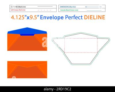3D Regular Envelope 4.125x9.5 inch die line template and editable easily resizeable Stock Vector