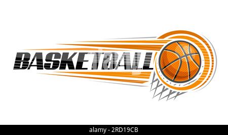 Vector logo for Basketball, decorative banner with line illustration of thrown basketball ball, flying on trajectory in basket with net on white backg Stock Vector