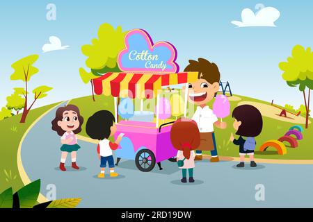 A vector illustration of Kids Buying Cotton Candy From a Stand Stock Vector