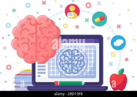 Research of activity and structure of brain organ, use of data by scientific community. Medical brain study. Simple flat concept vector isolated on wh Stock Vector