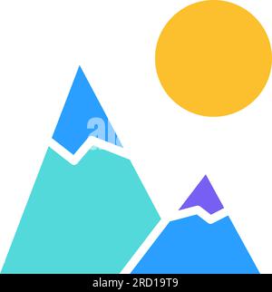 Rising sun over snow capped mountains. Movement of sun across sky during hiking mountain hike. Meeting sunset by tourists travelers. Simple colored fl Stock Vector