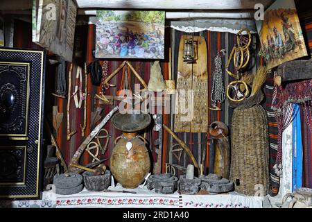 Uludere, Turkey. 15th July, 2023. Old household and work tools that the Kurds used are seen on display at the museum. Folklorist Seyda Goyan, who has written 6 books about Kurdish folklore, founded the "Seyda Goyan Kurdish Ethnography Museum", where about a thousand ethnographic works are stored and exhibited with his own means. Seyda Goyan, who could not find an exhibition place for the works he collected in three years, made her 2-room historical house a museum in the Uludere district of Sirnak province in Turkey. Credit: SOPA Images Limited/Ģ����ý Live News Stock Photo