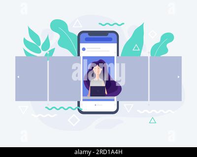 Social media design concept. Smartphone with interface carousel post on social network. Stock Vector