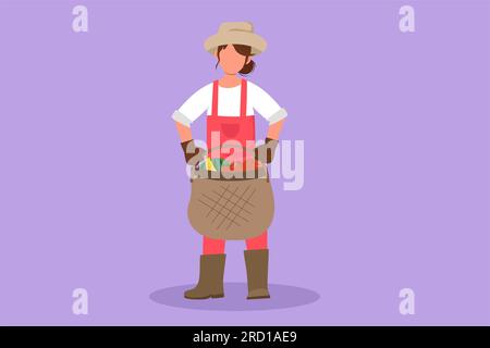 Graphic flat design drawing female farmer carrying basket full of bananas, apples, watermelons. Picking fresh fruit from harvest. Success farmer with Stock Photo