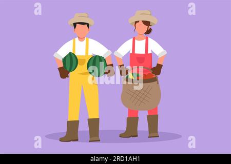 Cartoon flat drawing couple farmers carrying basket full of bananas, apples, watermelons. Picking fresh fruit from harvest. Success farmer with organi Stock Photo