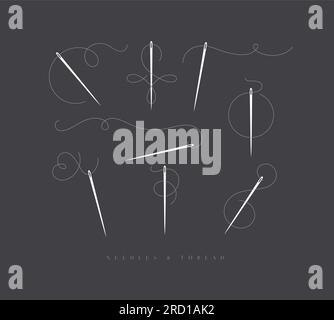 Needles and curly threads in different positions drawing on brown background Stock Vector