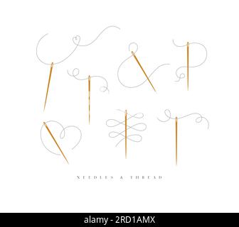 Needles and curly threads collection in different positions drawing on white background Stock Vector