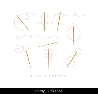 Needles and curly threads in different positions drawing on white background Stock Vector