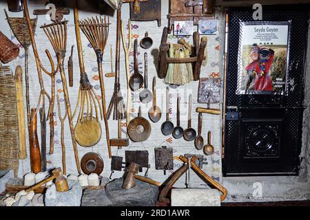 July 15, 2023, Uludere, Turkey: The old tools found at the Kurdish Ethnography Museum, used by the Kurds in agriculture and cuisine, are pictured. Folklorist Seyda Goyan, who has written 6 books about Kurdish folklore, founded the ''Seyda Goyan Kurdish Ethnography Museum'', where about a thousand ethnographic works are stored and exhibited with his own means. Seyda Goyan, who could not find an exhibition place for the works he collected in three years, made her 2-room historical house a museum in the Uludere district of Sirnak province in Turkey. (Credit Image: © Mehmet Masum Suer/SOPA Images Stock Photo