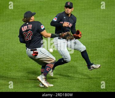 Cleveland Guardians' Josh Naylor looks on during the second inning of a  baseball game against the Miami Marlins, Sunday, April 23, 2023, in  Cleveland. (AP Photo/Nick Cammett Stock Photo - Alamy