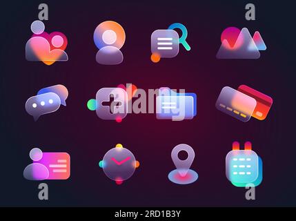 Realistic set of glassmorphism ui icons for website or mobile app. Vector illustartion of location, chat, gallery, contact, calendar, credit card and clock glass morphism transparent design elements. Stock Vector