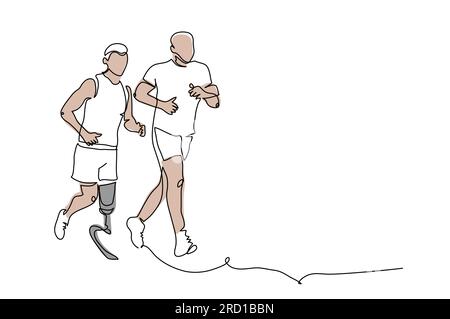 Disabled man runs on prosthesis with his friend. Man with prosthetic leg went for a walk. One continuous line art drawing. Simple vector illustration Stock Vector