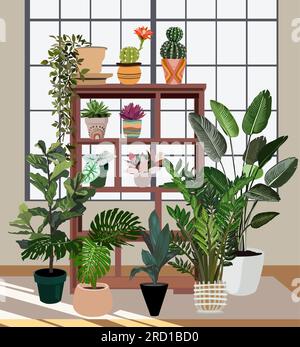 Home garden, green house, flower shop vector scene Stock Vector