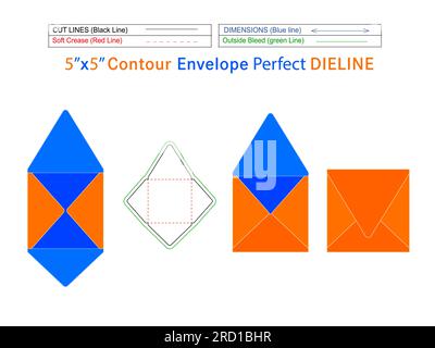 Square Packaging Contour envelope 5x5 inch die line template and 3D envelope Stock Vector